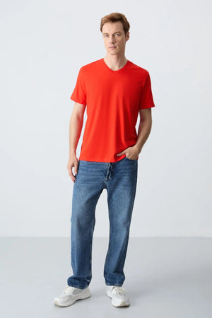 basic kisa kol standart kalip v yaka erkek t-shirt - 87912 - Justyol