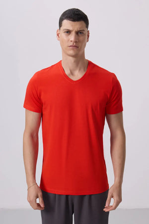basic kisa kol standart kalip v yaka erkek t-shirt - 87912 - Justyol