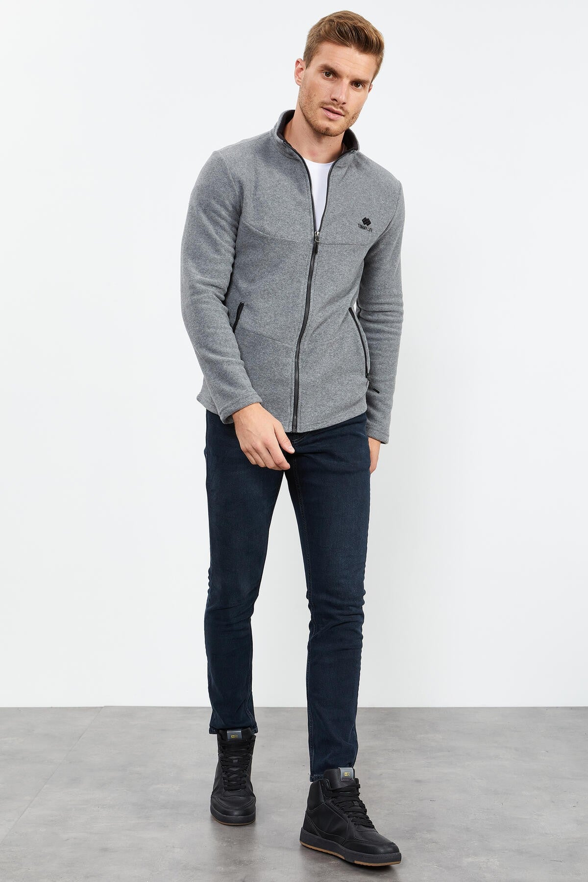 dik yaka fermuarli standart kalip erkek polar sweatshirt - 87993 - Justyol
