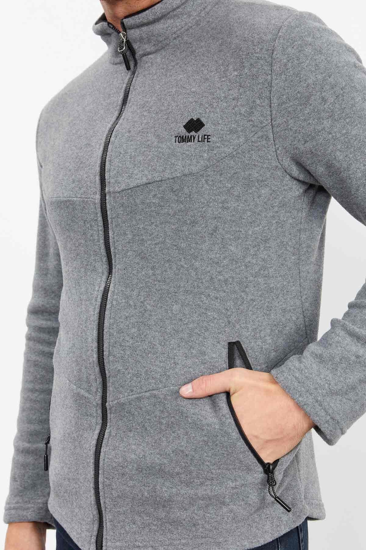 dik yaka fermuarli standart kalip erkek polar sweatshirt - 87993 - Justyol
