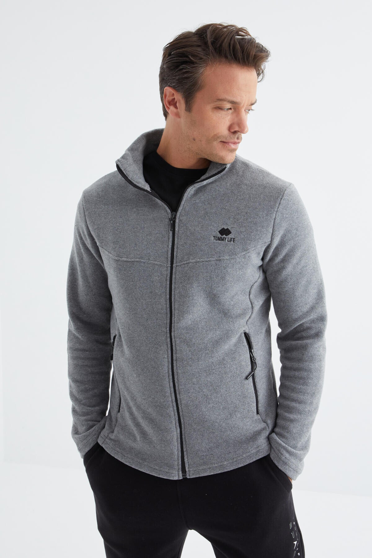 fermuarli dik yaka standart kalip erkek polar sweatshirt - 88134 - Justyol