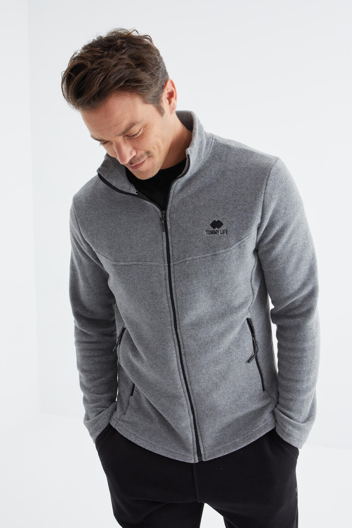 fermuarli dik yaka standart kalip erkek polar sweatshirt - 88134 - Justyol