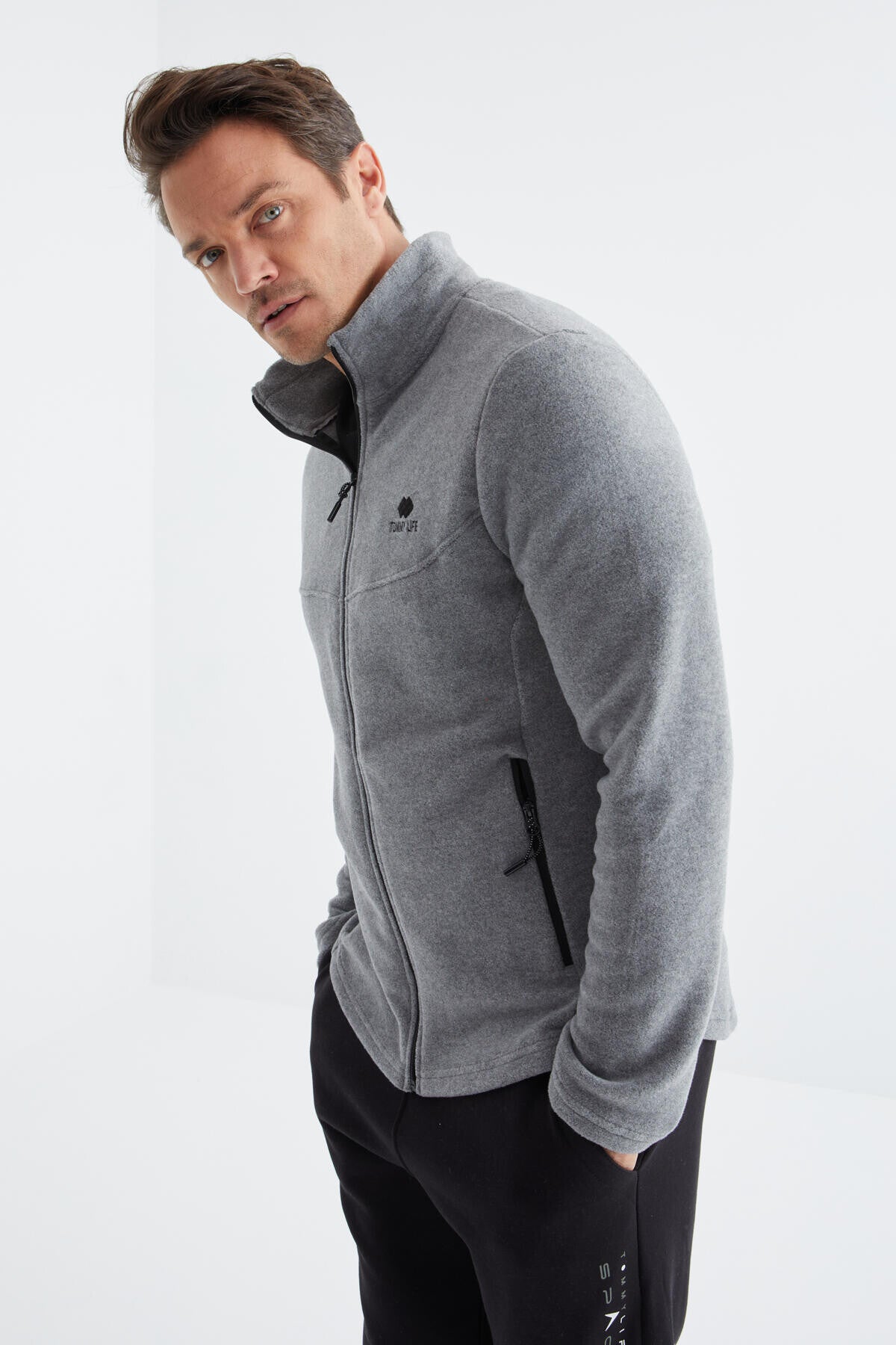 fermuarli dik yaka standart kalip erkek polar sweatshirt - 88134 - Justyol