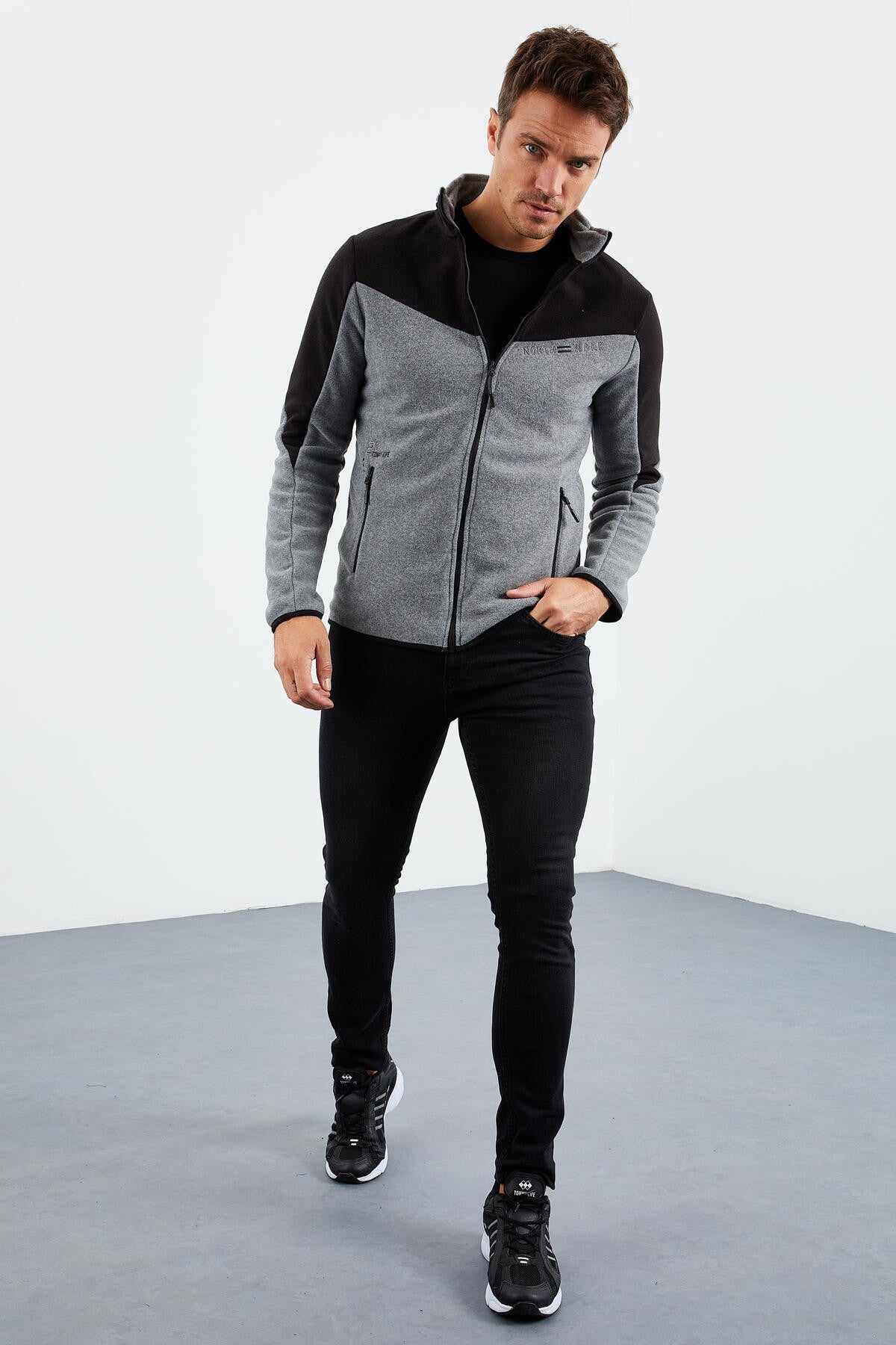 iki renkli fermuarli dik yaka standart kalip erkek sweatshirt polar - 87994 - Justyol