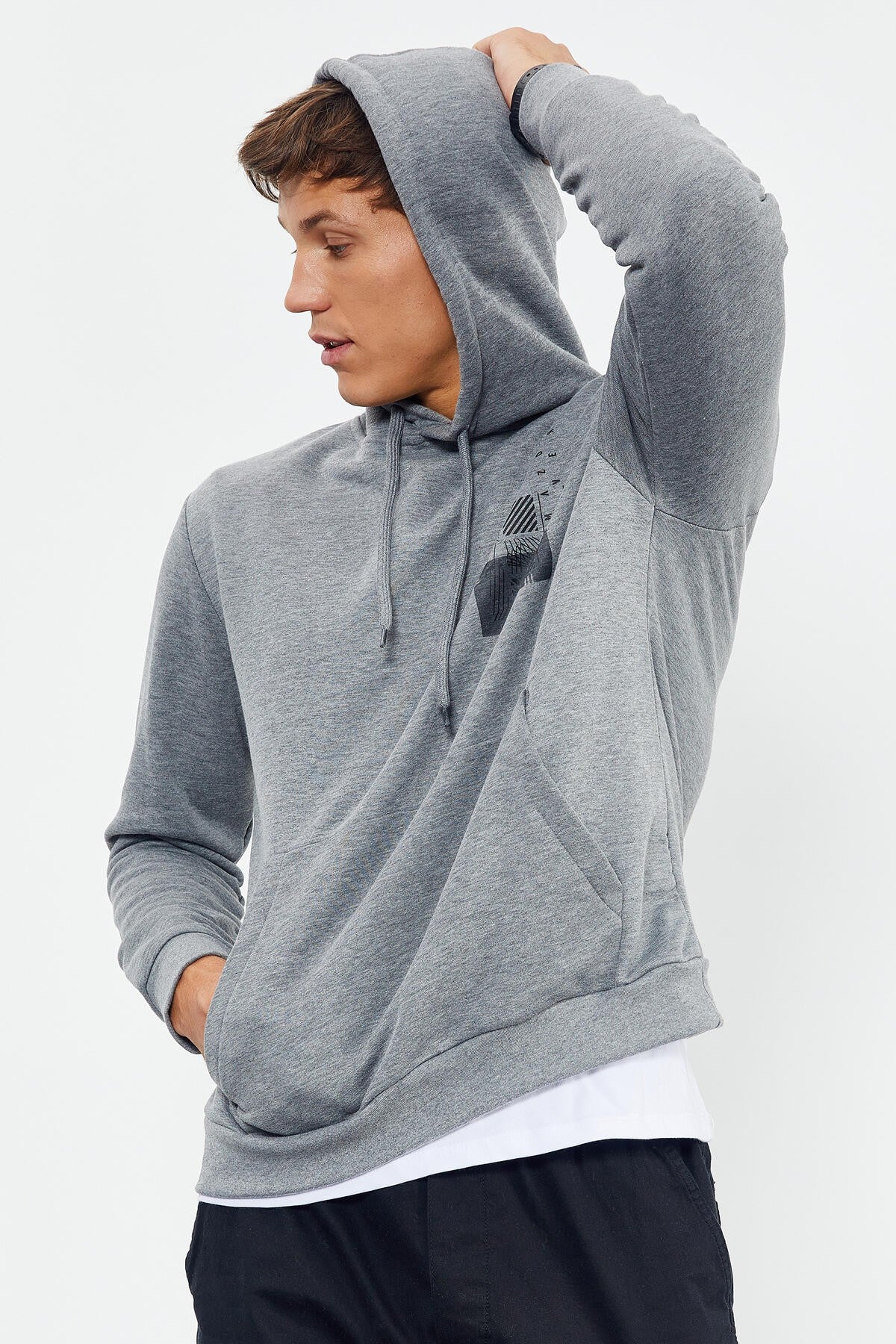 ön ve sirt baskili kapüşonlu rahat form erkek sweatshirt - 88017 - Justyol