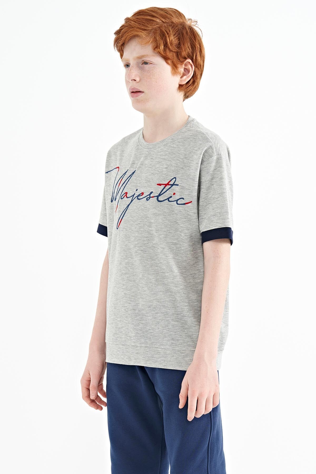 ön yazi nakişli o yaka oversize erkek çocuk t-shirt - 11147 - Justyol