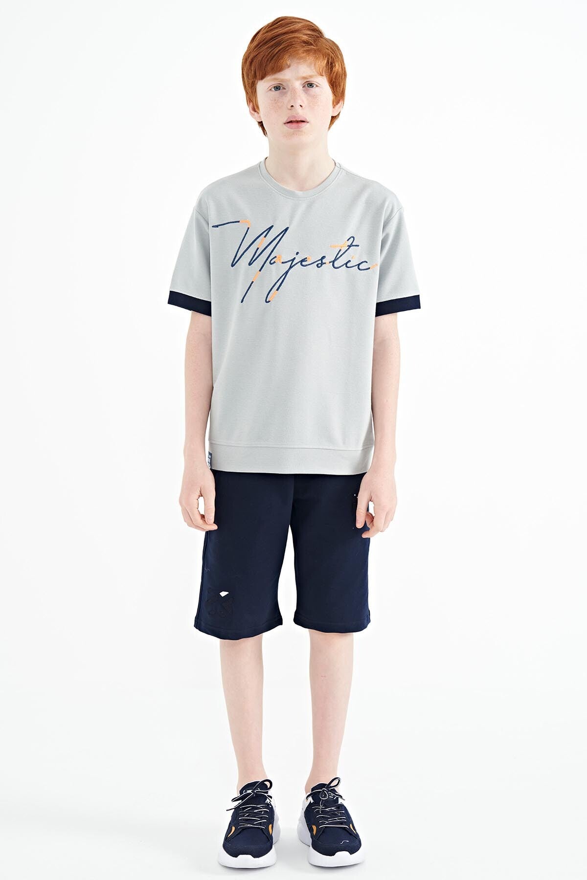 ön yazi nakişli o yaka oversize erkek çocuk t-shirt - 11147 - Justyol