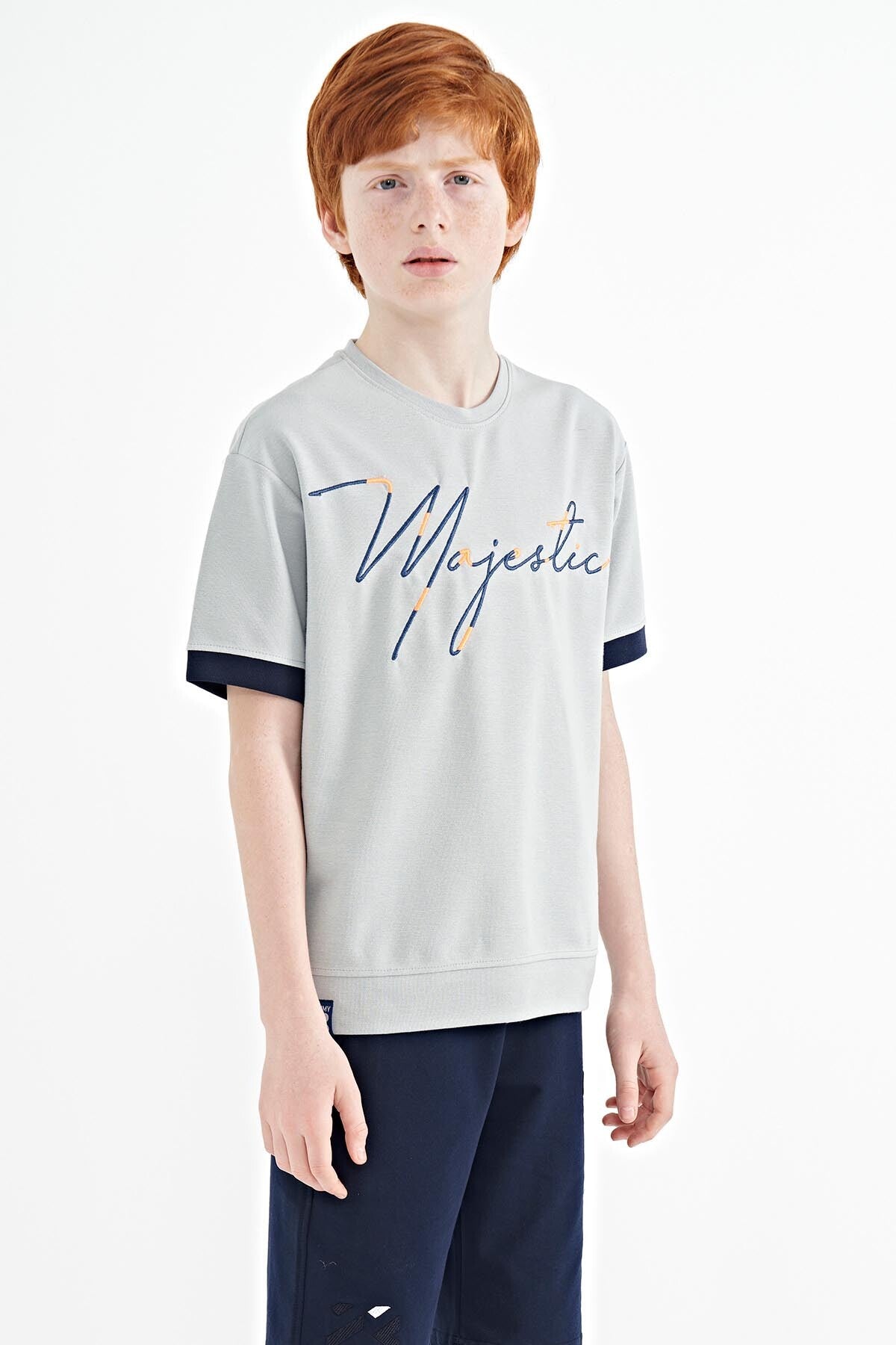 ön yazi nakişli o yaka oversize erkek çocuk t-shirt - 11147 - Justyol