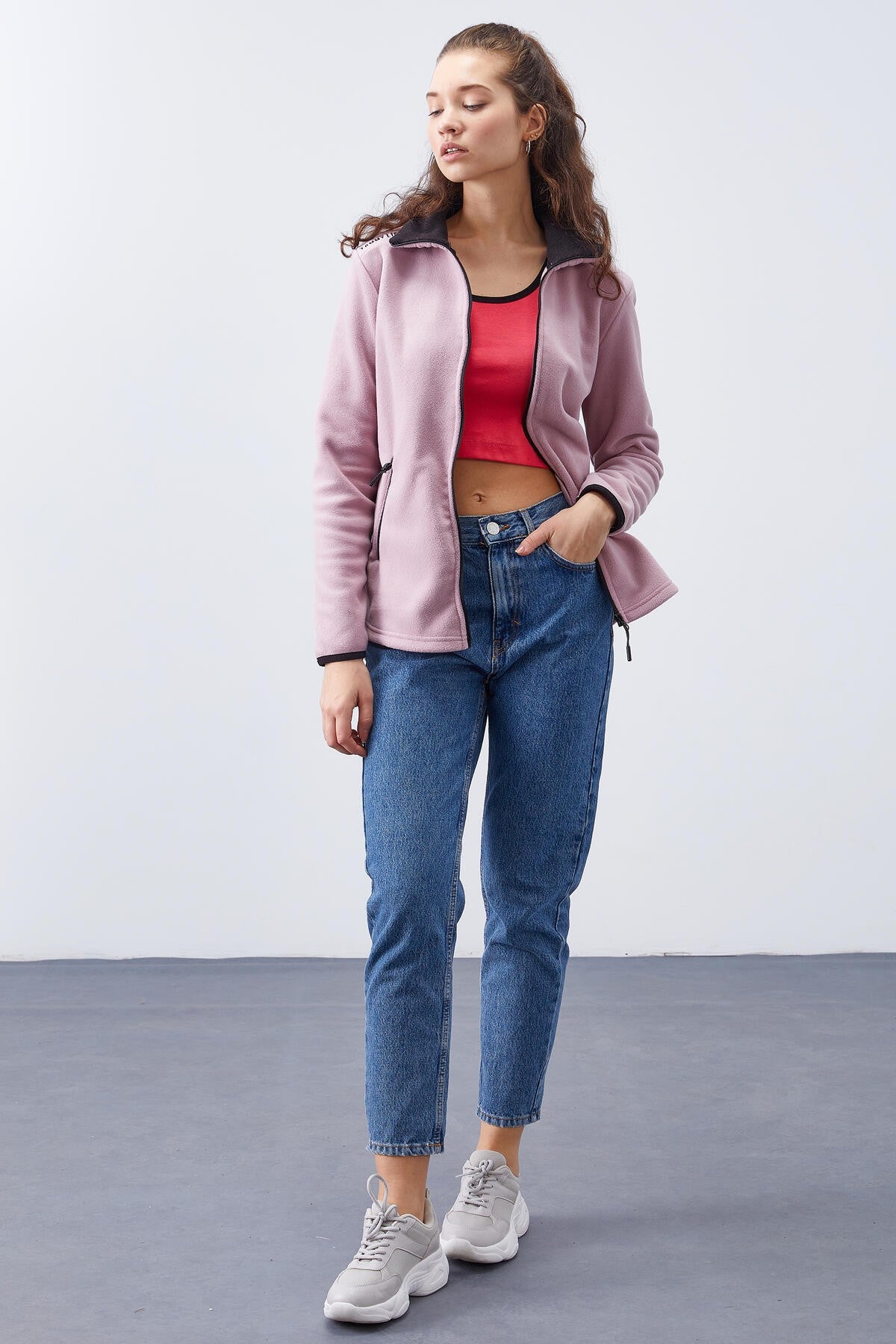 dik yaka fermuarli rahat form kadin polar sweatshirt - 97173 - Justyol
