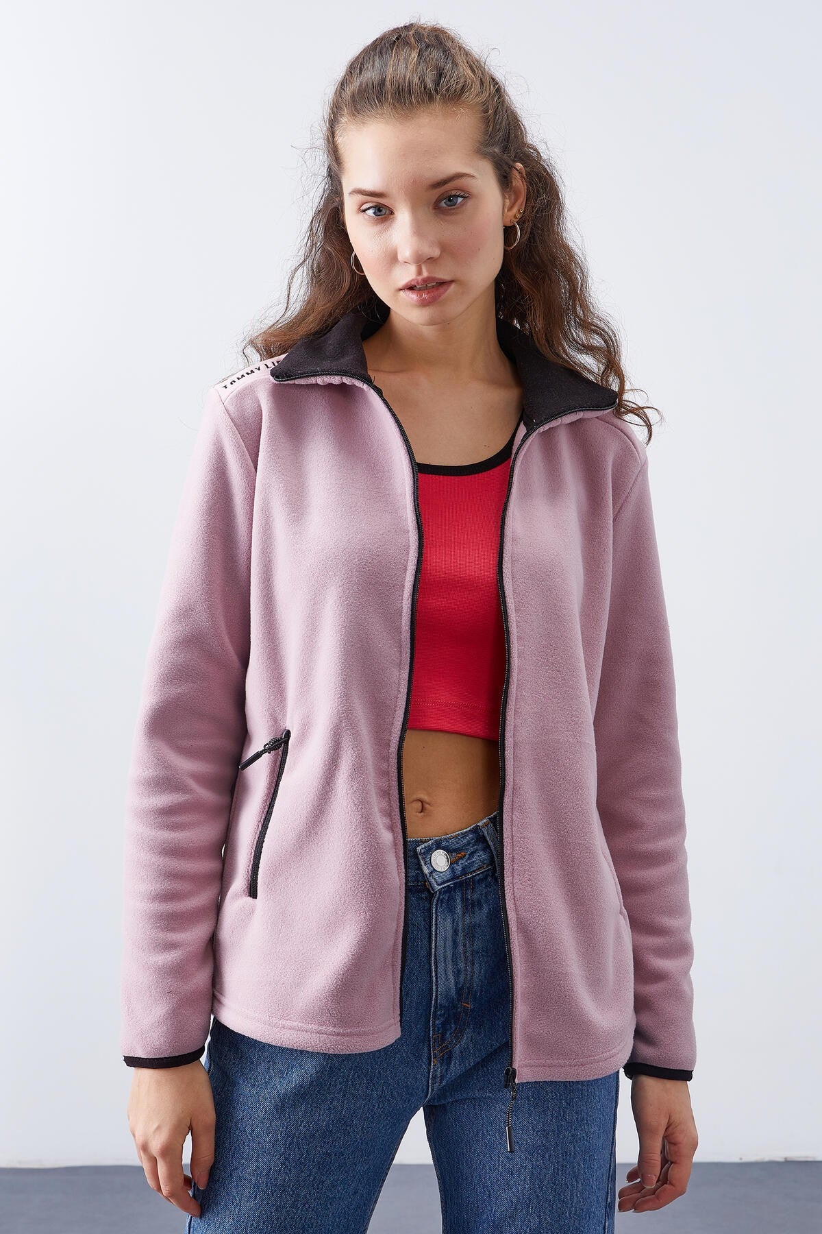 dik yaka fermuarli rahat form kadin polar sweatshirt - 97173 - Justyol