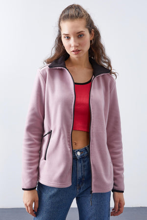 dik yaka fermuarli rahat form kadin polar sweatshirt - 97173 - Justyol