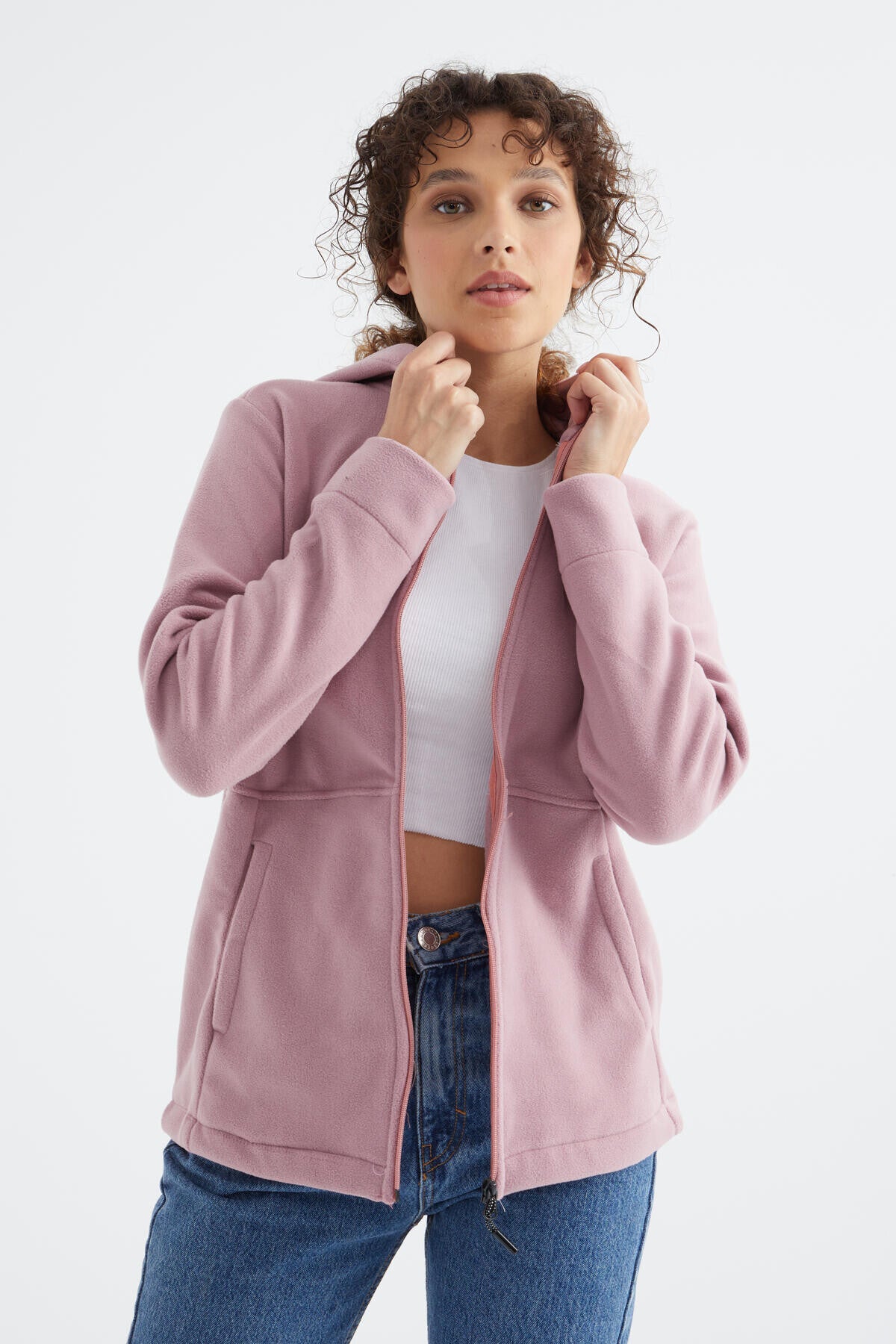 kapüşonlu fermuarli rahat form kadin polar sweatshirt - 97233 - Justyol