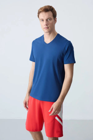basic kisa kol standart kalip v yaka erkek t-shirt - 87912 - Justyol