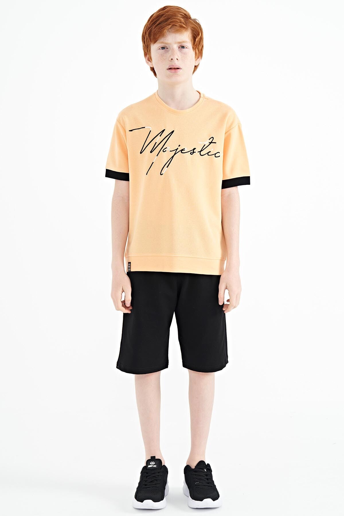 ön yazi nakişli o yaka oversize erkek çocuk t-shirt - 11147 - Justyol