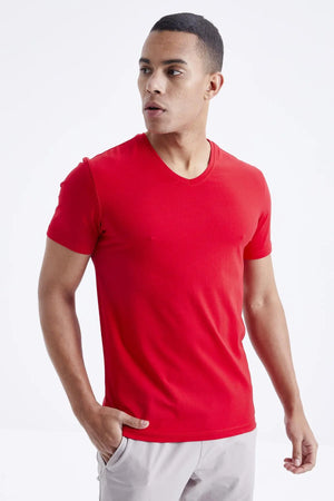 basic kisa kol standart kalip v yaka erkek t-shirt - 87912 - Justyol