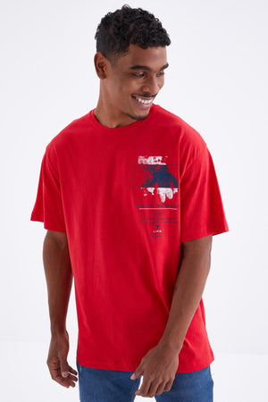 baski detayli o yaka erkek oversize t-shirt - 88099 - Justyol