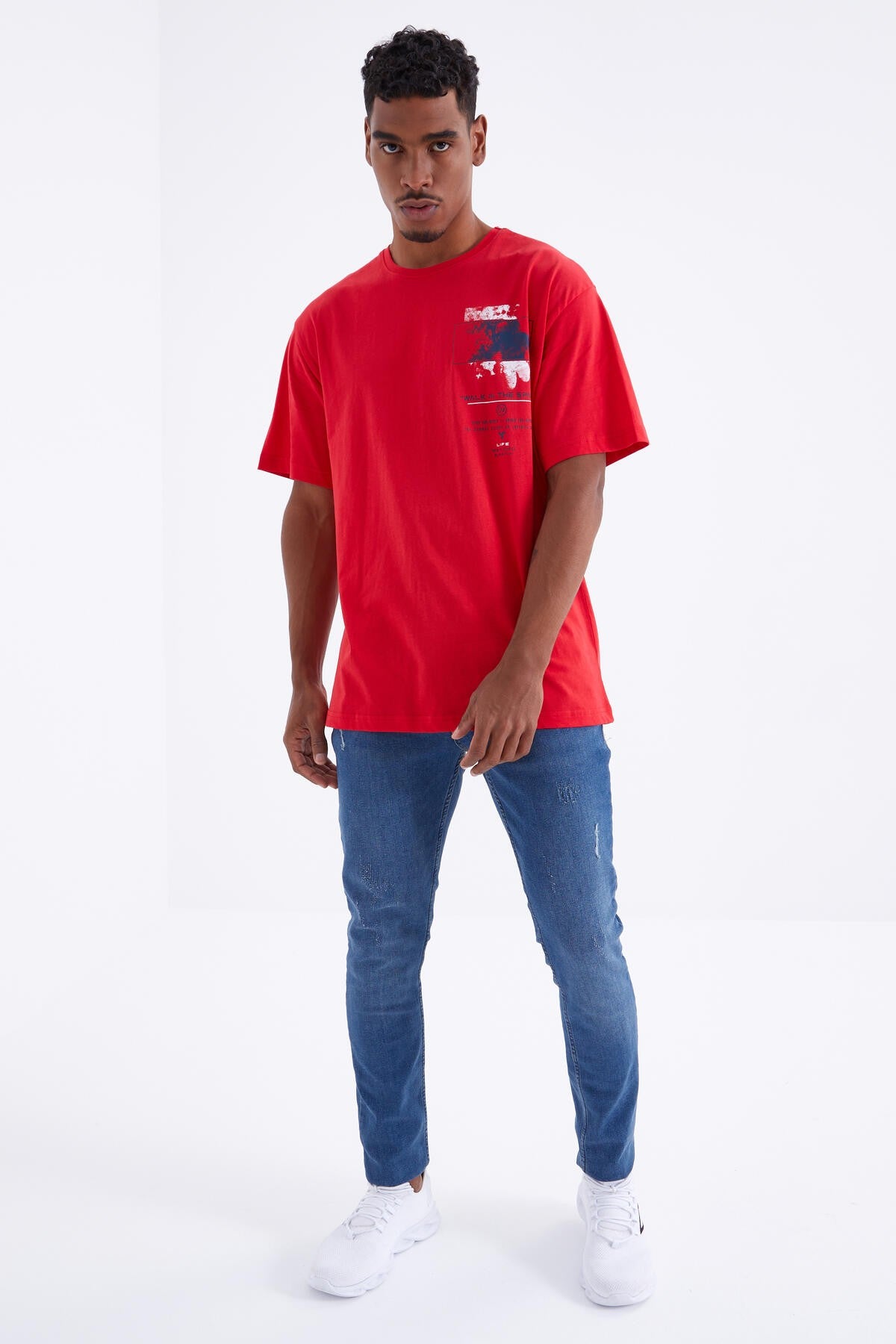 baski detayli o yaka erkek oversize t-shirt - 88099 - Justyol