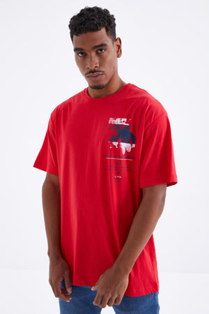baski detayli o yaka erkek oversize t-shirt - 88099 - Justyol