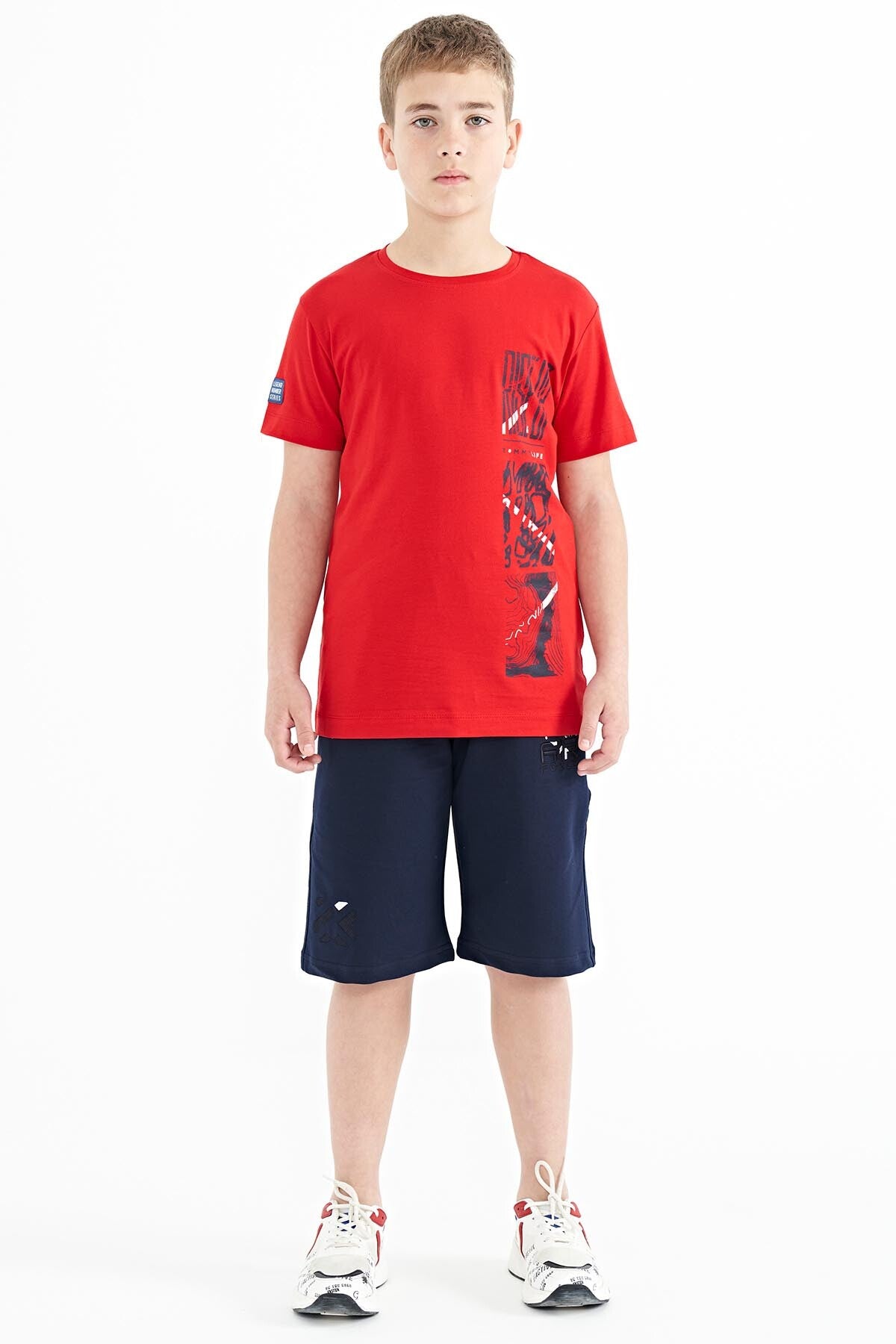 baski detayli o yaka standart kalip erkek çocuk t-shirt - 11104 - Justyol