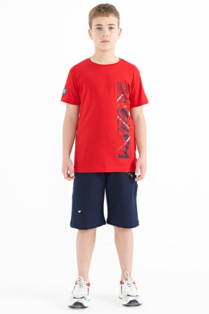 baski detayli o yaka standart kalip erkek çocuk t-shirt - 11104 - Justyol
