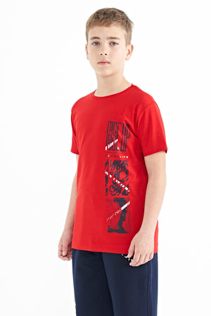 baski detayli o yaka standart kalip erkek çocuk t-shirt - 11104 - Justyol
