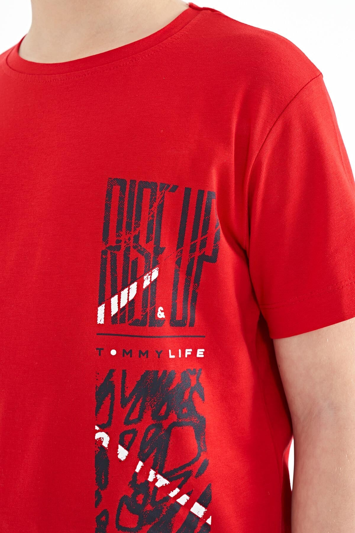 baski detayli o yaka standart kalip erkek çocuk t-shirt - 11104 - Justyol