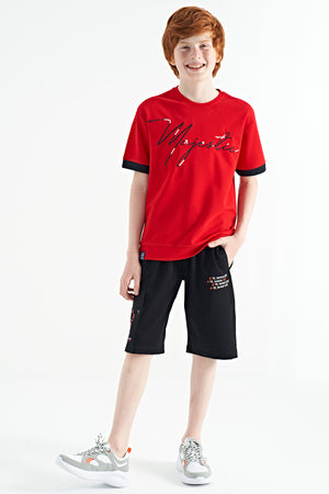 ön yazi nakişli o yaka oversize erkek çocuk t-shirt - 11147 - Justyol