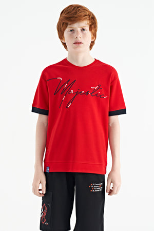 ön yazi nakişli o yaka oversize erkek çocuk t-shirt - 11147 - Justyol