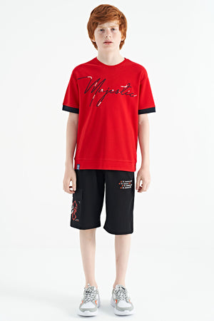 ön yazi nakişli o yaka oversize erkek çocuk t-shirt - 11147 - Justyol