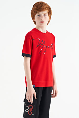 ön yazi nakişli o yaka oversize erkek çocuk t-shirt - 11147 - Justyol
