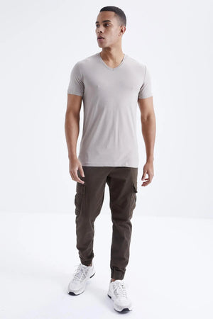 basic kisa kol standart kalip v yaka erkek t-shirt - 87912 - Justyol
