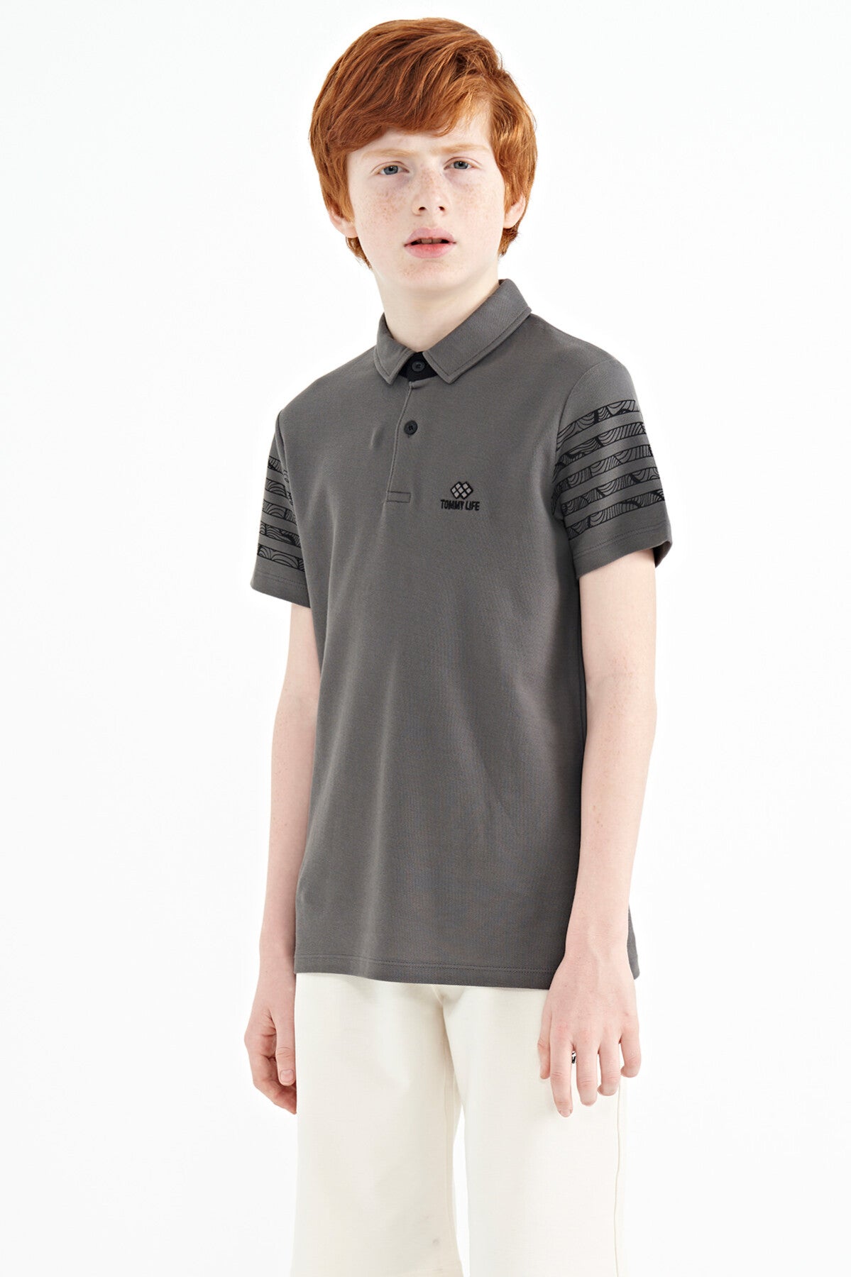 kol baski detayli standart kalip polo yaka erkek çocuk t-shirt - 11093 - Justyol