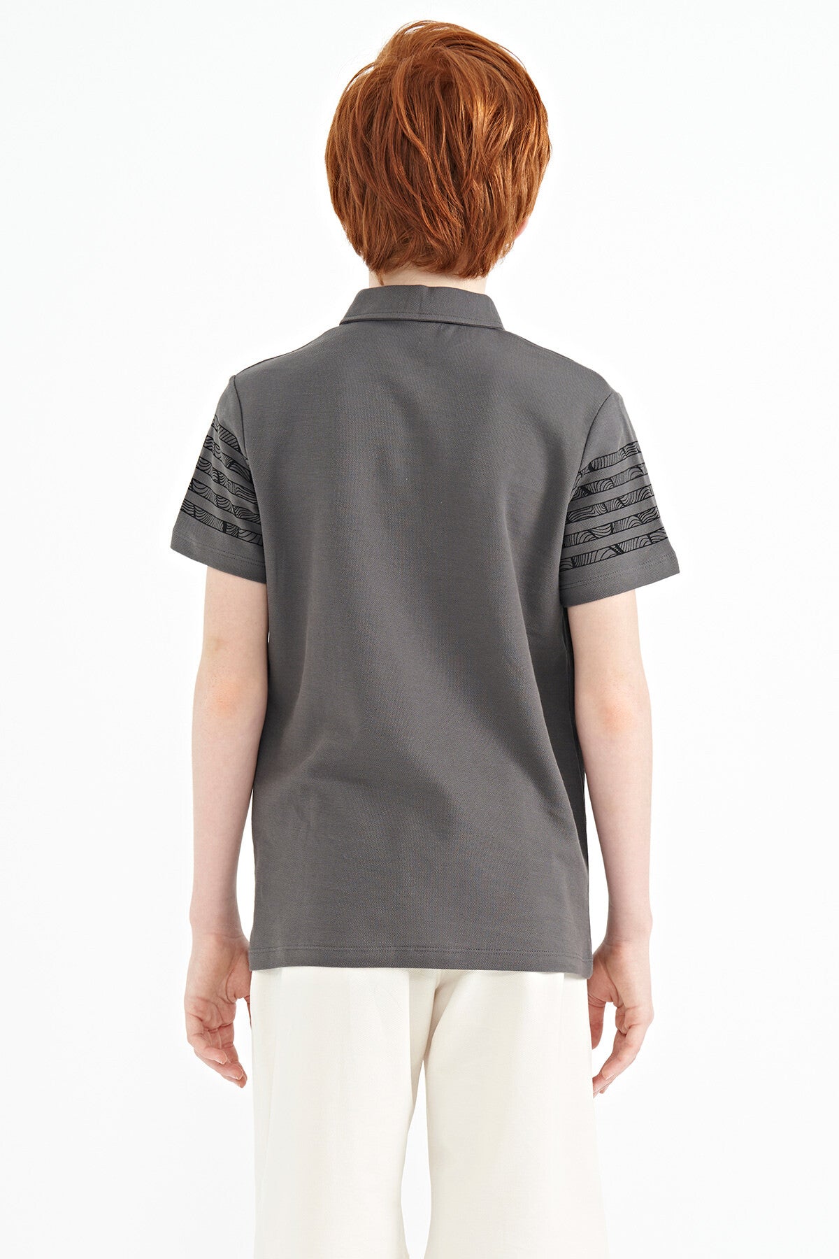 kol baski detayli standart kalip polo yaka erkek çocuk t-shirt - 11093 - Justyol