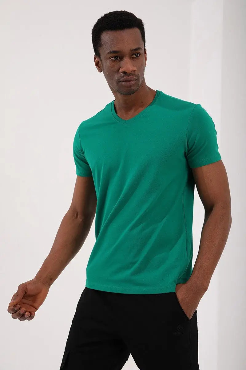basic kisa kol standart kalip v yaka erkek t-shirt - 87912 - Justyol