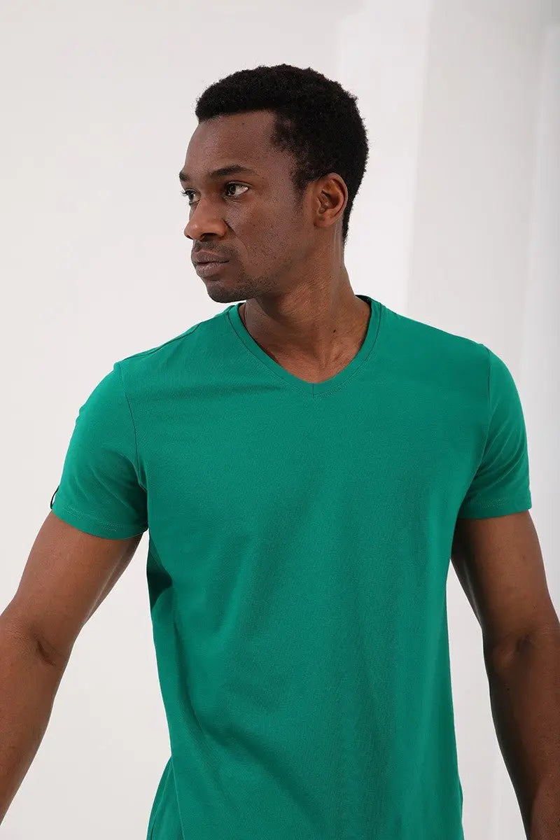 basic kisa kol standart kalip v yaka erkek t-shirt - 87912 - Justyol