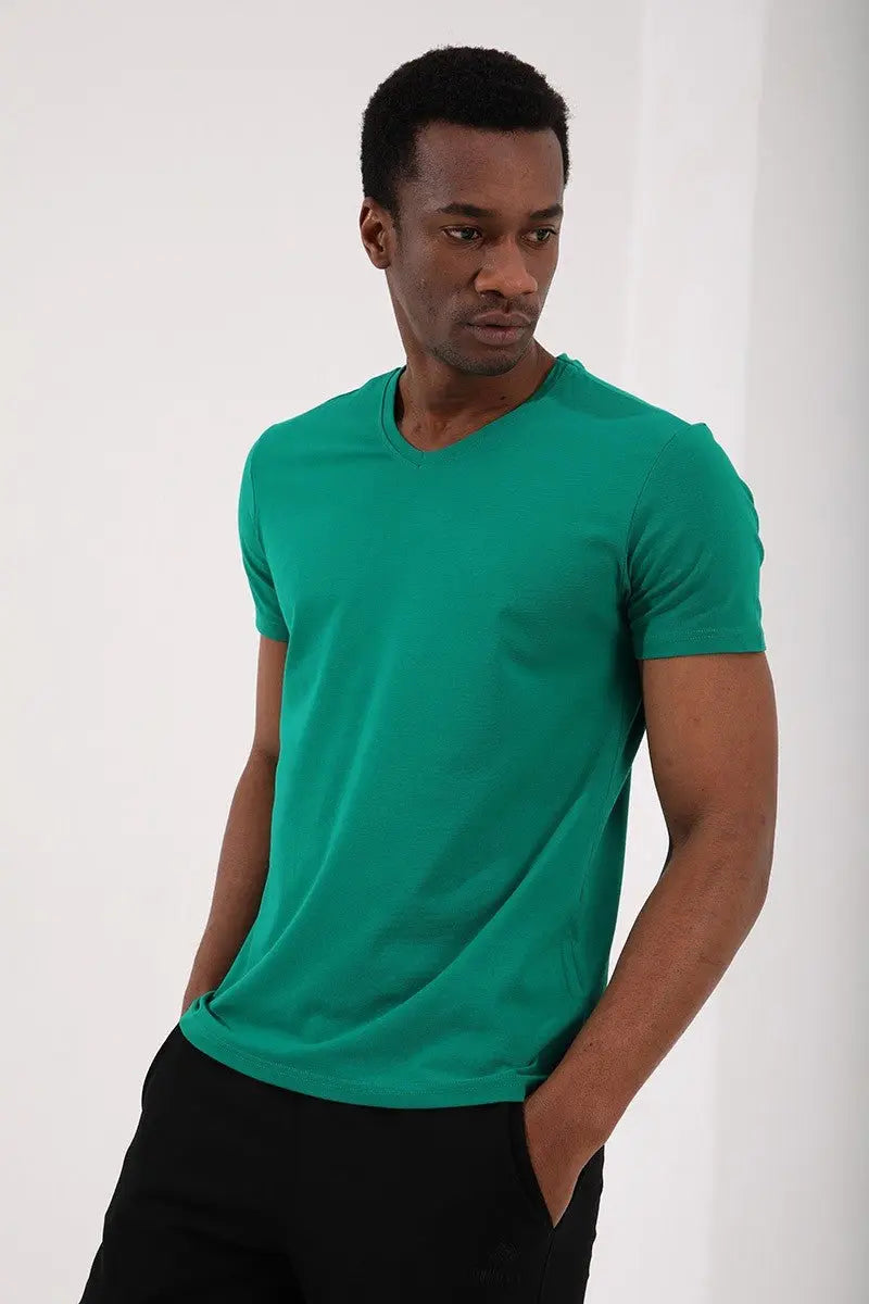 basic kisa kol standart kalip v yaka erkek t-shirt - 87912 - Justyol