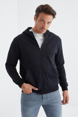 basic kapüşonlu rahat form nakiş detayli fermuarli erkek sweatshirt - 88035 - Justyol