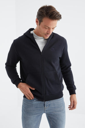 basic kapüşonlu rahat form nakiş detayli fermuarli erkek sweatshirt - 88035 - Justyol