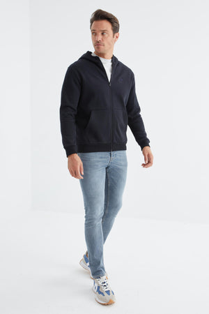 basic kapüşonlu rahat form nakiş detayli fermuarli erkek sweatshirt - 88035 - Justyol