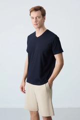 basic kisa kol standart kalip v yaka erkek t-shirt - 87912 - Justyol