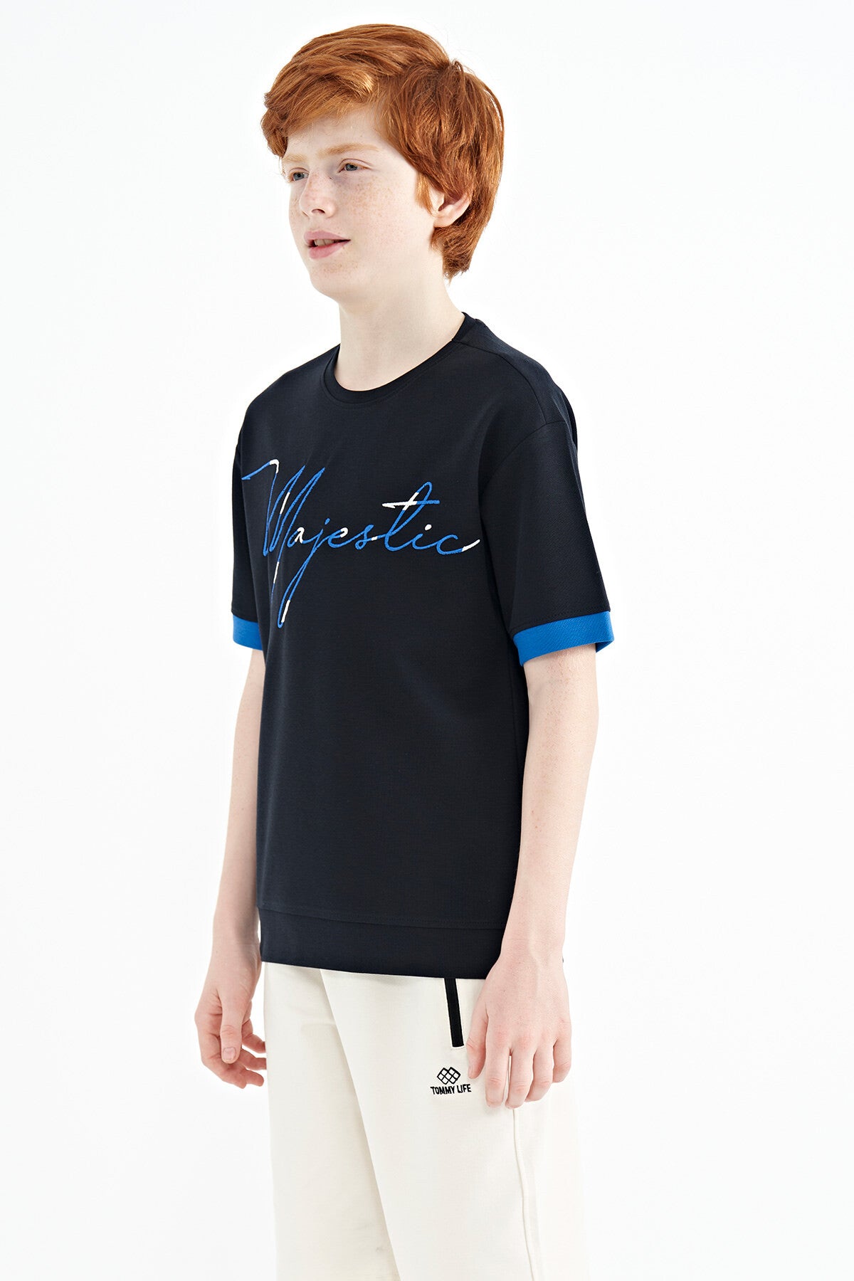 ön yazi nakişli o yaka oversize erkek çocuk t-shirt - 11147 - Justyol