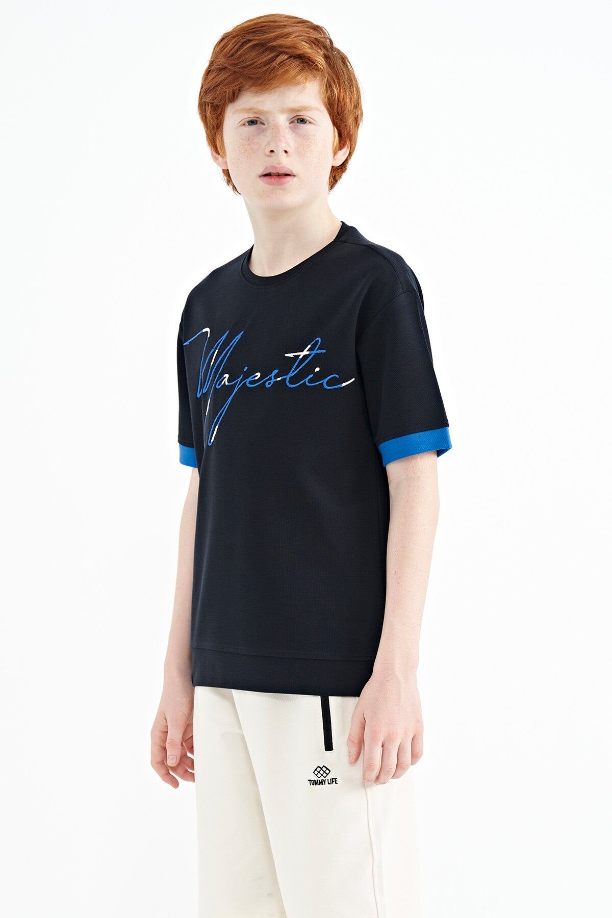 ön yazi nakişli o yaka oversize erkek çocuk t-shirt - 11147 - Justyol