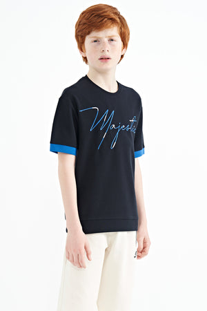 ön yazi nakişli o yaka oversize erkek çocuk t-shirt - 11147 - Justyol