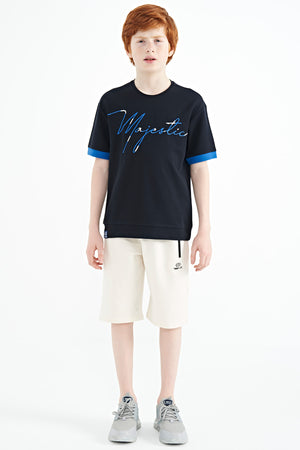 ön yazi nakişli o yaka oversize erkek çocuk t-shirt - 11147 - Justyol
