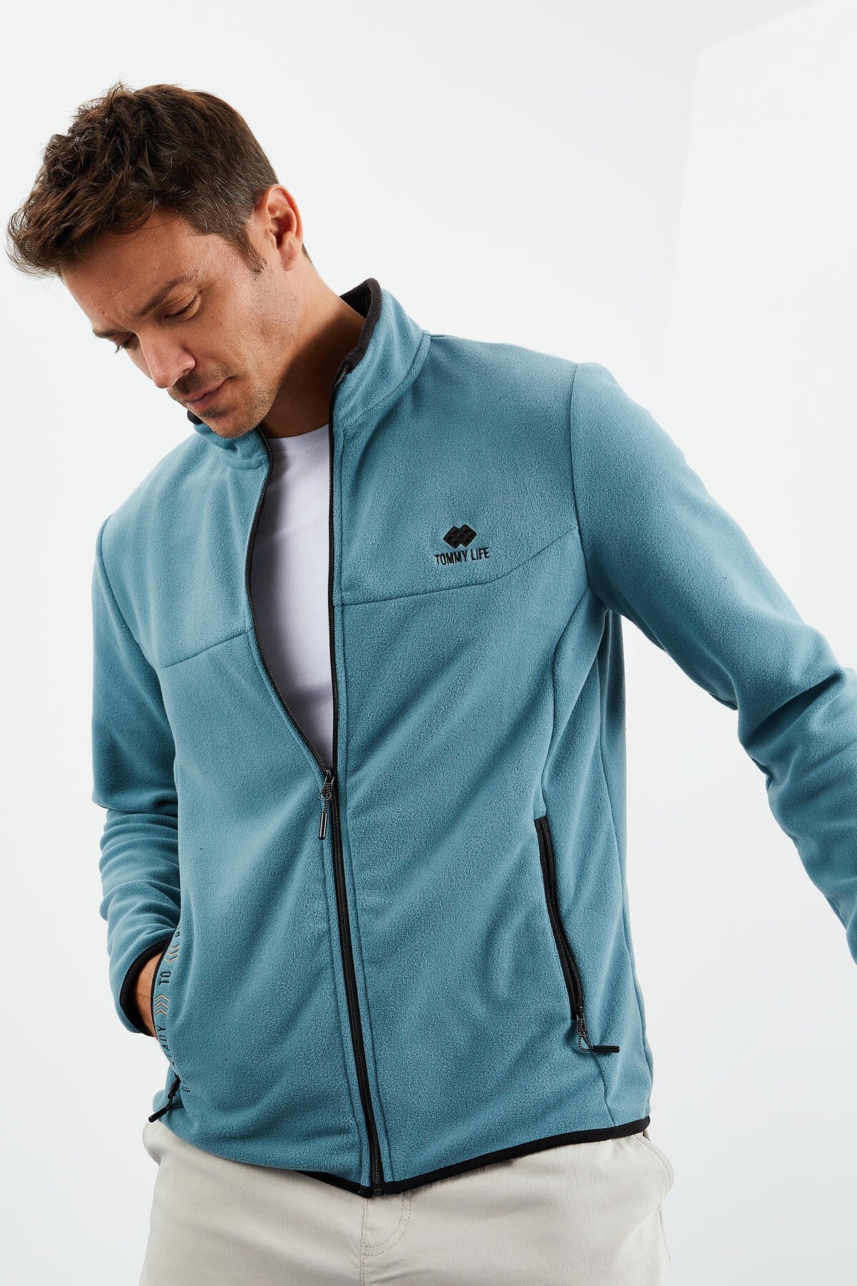 yazi nakişli dik yaka fermuarli standart kalip erkek sweatshirt polar - 87992 - Justyol