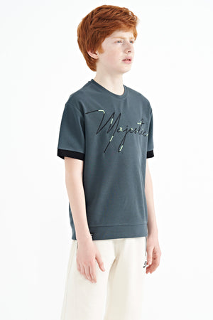 ön yazi nakişli o yaka oversize erkek çocuk t-shirt - 11147 - Justyol