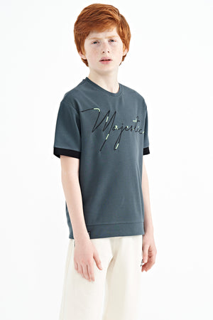 ön yazi nakişli o yaka oversize erkek çocuk t-shirt - 11147 - Justyol
