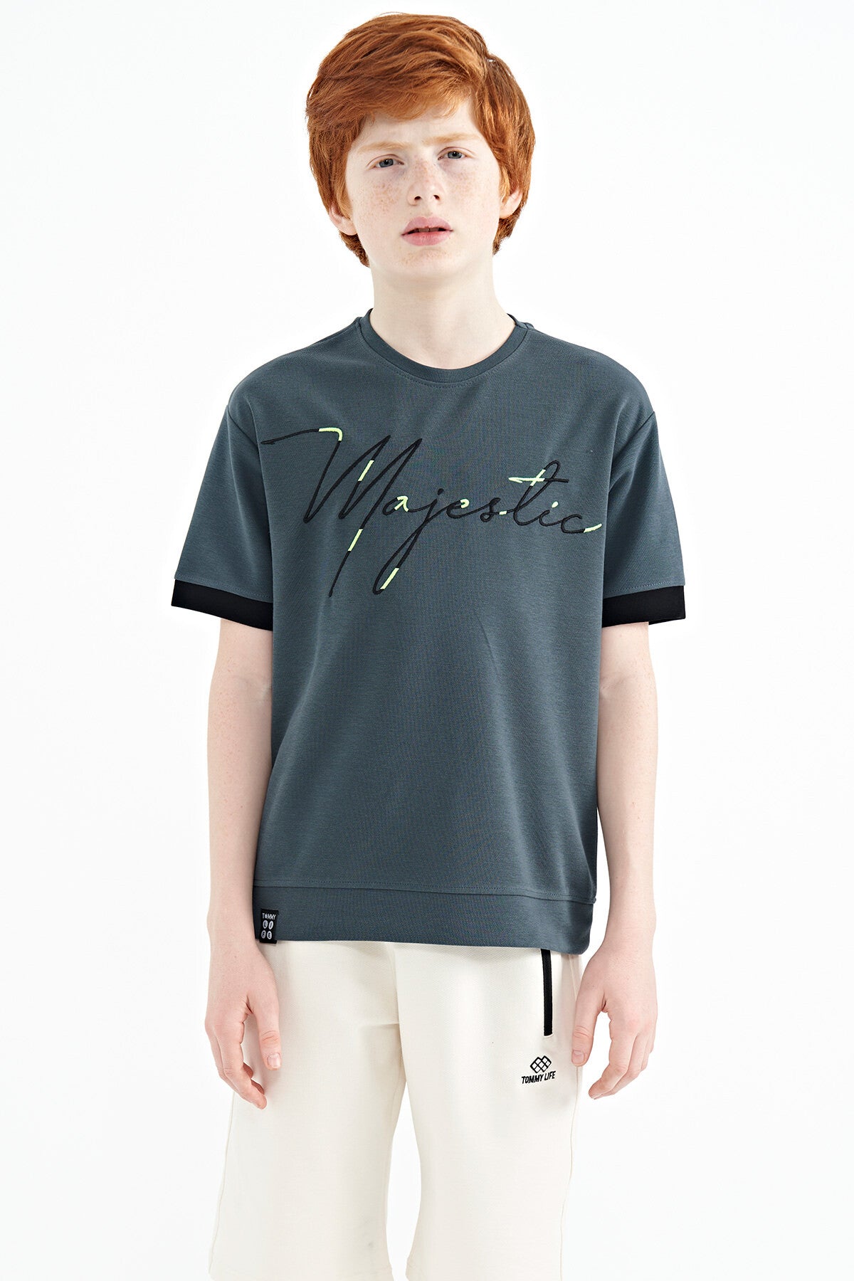 ön yazi nakişli o yaka oversize erkek çocuk t-shirt - 11147 - Justyol