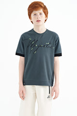 ön yazi nakişli o yaka oversize erkek çocuk t-shirt - 11147 - Justyol