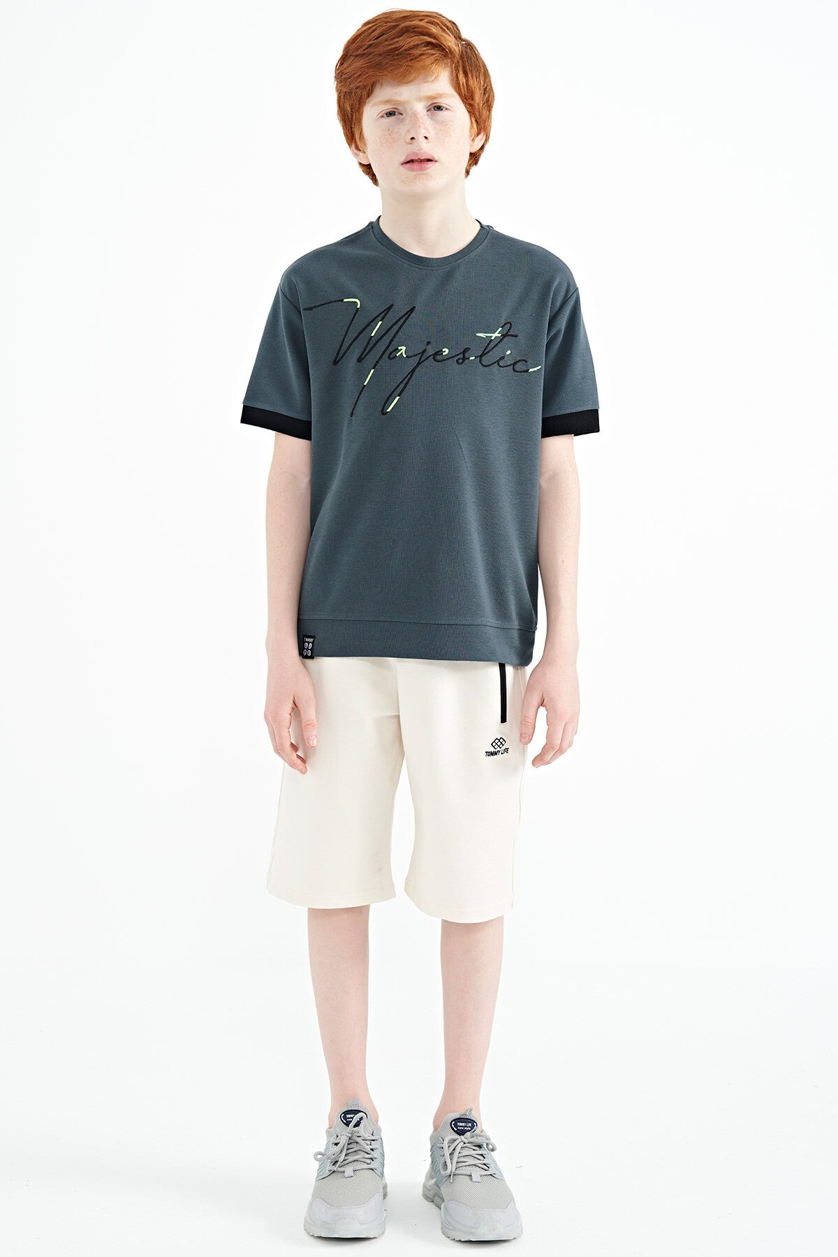 ön yazi nakişli o yaka oversize erkek çocuk t-shirt - 11147 - Justyol